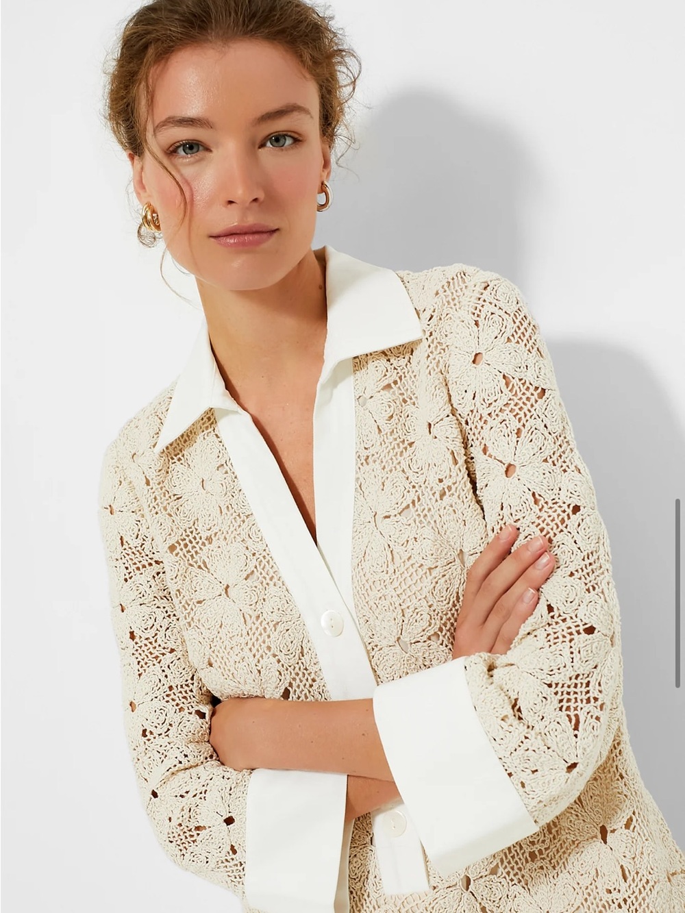 TUCKERNUCK Women's Large Tan Lace Crochet Collier Shirt Dress - Picture 14 of 14
